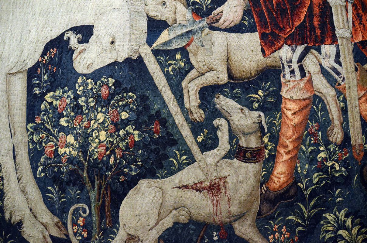 New York Cloisters 58 017 Unicorn Tapestries - The Unicorn Defends Itself Close Up - the injured unicorn reacts with a gruesome attack on a greyhound